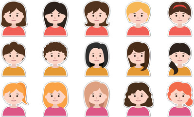Sticker set of woman avatar icons. Vector illustration isolated on transparent background.