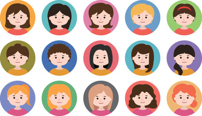 Avatar icon set of woman faces. Vector illustration isolated on transparent background.