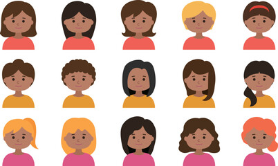Set of woman cartoon icon faces. Vector illustration isolated on transparent background.