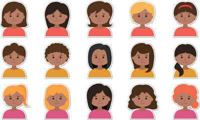 Sticker set of woman avatar icons. Vector illustration isolated on transparent background.
