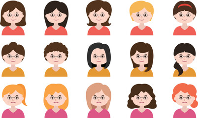 Avatar icon set of the woman with glasses. Vector illustration isolated on transparent background.