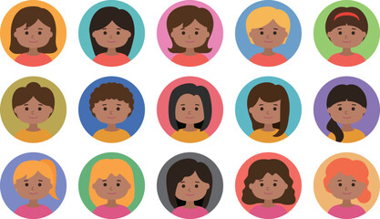 Avatar icon set of woman faces. Vector illustration isolated on transparent background.