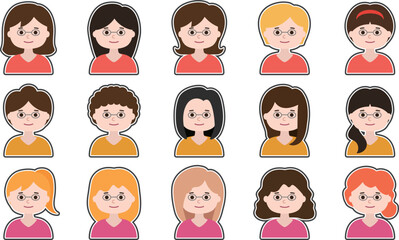 Woman with glasses avatar icon set with frame border. Vector illustration isolated on transparent background.