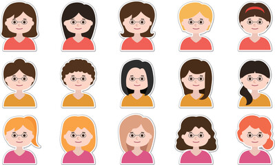 Woman with glasses avatar sticker set with frame border. Vector illustration isolated on transparent background.