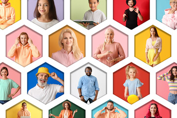 Group of different happy people on colorful background