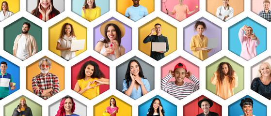 Collage of different happy people on colorful background