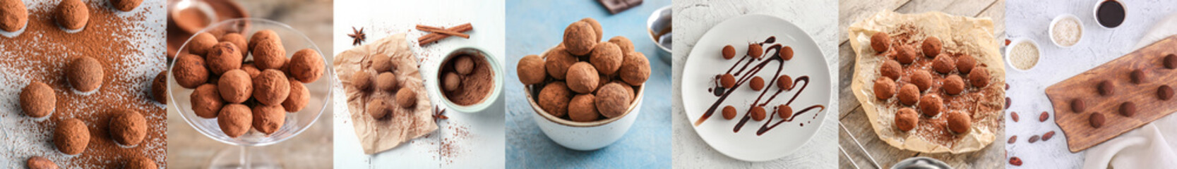 Collage of delicious chocolate truffles on table