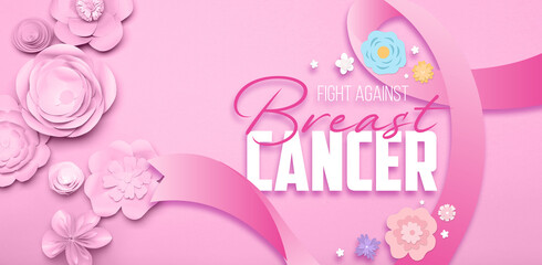 Banner with paper flowers and text FIGHT AGAINST BREAST CANCER on pink background