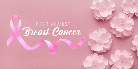 Banner with paper flowers, ribbon and text FIGHT AGAINST BREAST CANCER on pink background