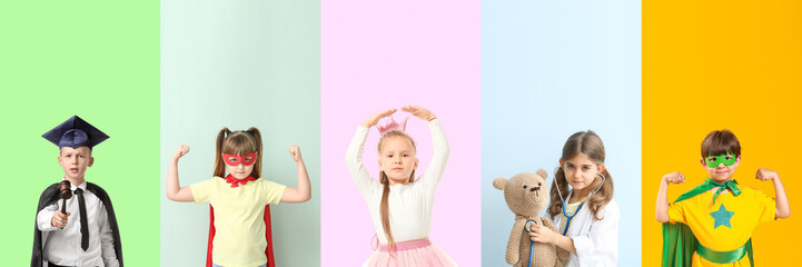 Group of active little children on color background