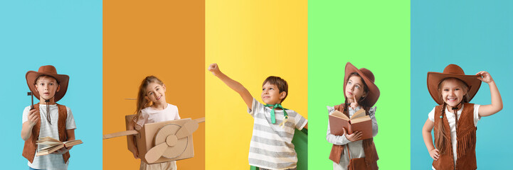 Collage of active little children on color background