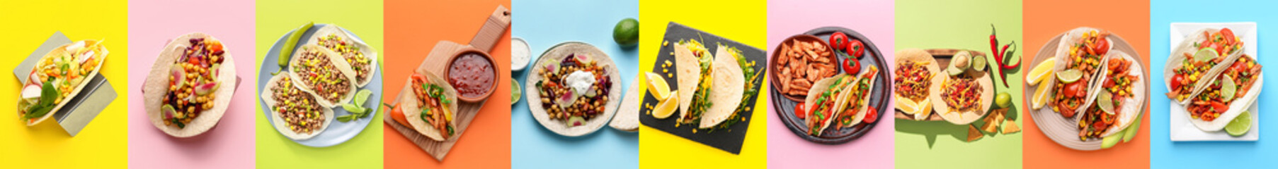 Collage of Mexican tacos on color background, top view