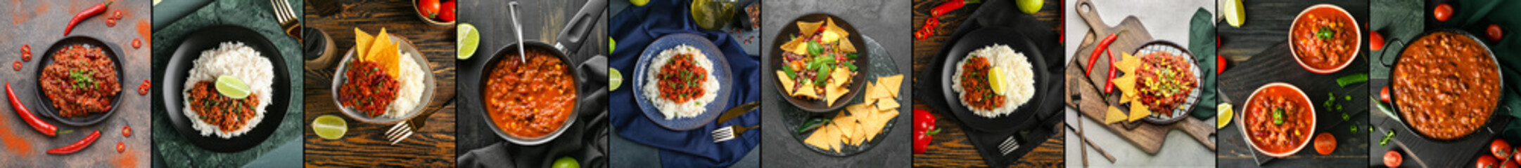 Collage of traditional chili con carne, top view