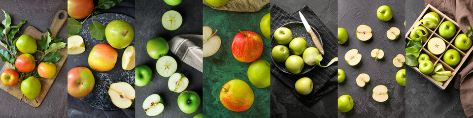 Collage of fresh green apples and pears on dark background, top view