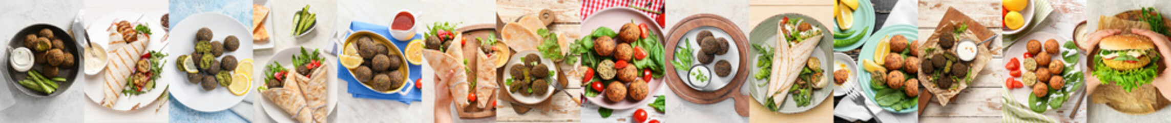 Collage of tasty falafel balls, top view