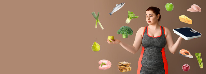 Overweight woman with scales and different healthy products on brown background with space for...