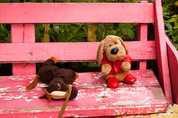 Soft toys dog and donkey left on the bench