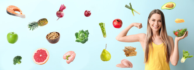 Happy woman with healthy salad and different products on light blue background. Diet concept