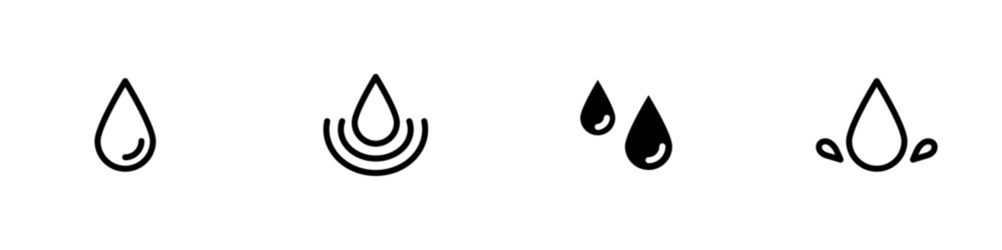 Conjunto de iconos de gota azul de agua de diferentes estilos. Concepto de lluvia. Ilustración vectorial