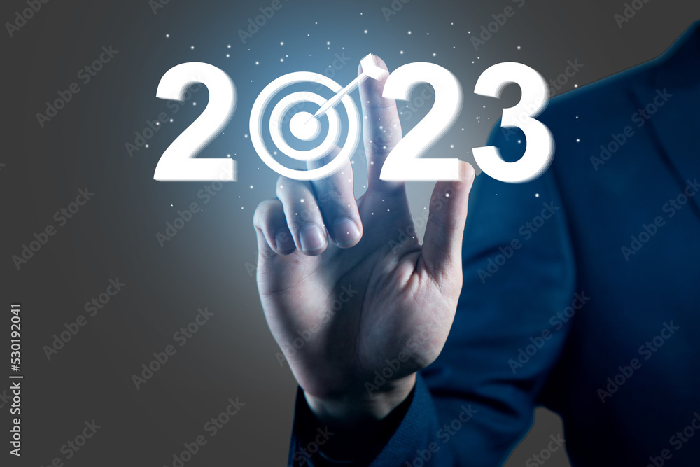 Poster 2023 and target icon on virtual screen.