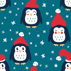 Winter penguins in hats with snowflakes seamless pattern. Perfect print for paper, textile and fabric. Hand drawn vector illustration for decor and design.