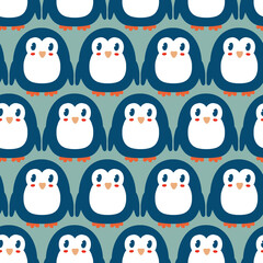 Cartoon style penguins seamless pattern. Perfect print for paper, textile and fabric. Hand drawn vector illustration for decor and design.