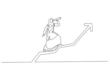 Drawing of muslim businesswoman team manager using telescope to see future standing on top of rising arrow market graph. Investor fortune or profit growth. Single line art style