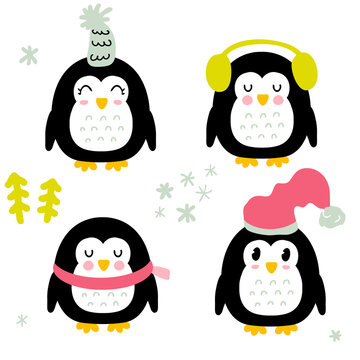 Winter penguins with snowflakes and christmas trees collection. Perfect for posters, greeting cards, T-shirt, stickers and print. Isolated vector illustration for decor and design.