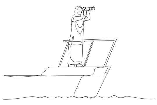 recommend clip art: Cartoon of smart muslim businesswoman boat captain control steering wheel helm with telescope vision. Business leadership and visionary to lead company success. Continuous line art style