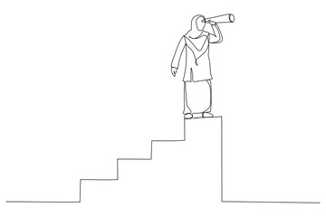 Illustration of muslim businesswoman and telescope. Vision concept in business , symbol leadership, strategy, mission, objectives. One line style art