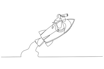 Drawing of muslim businesswoman manager open rocket window using telescope looking forward. Entrepreneurship, leadership to see future vision. Single continuous line art