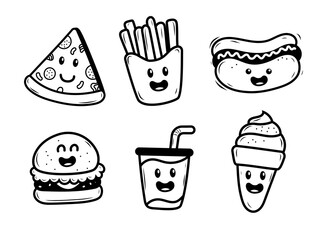 Set of fast food doodles with facial expressions isolated on white background