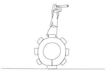 Illustration of muslim businesswoman standing on gears looks through a telescope.. One line art style