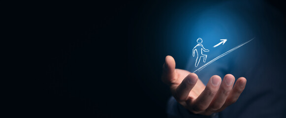 The illustrated man is climbing an incline.