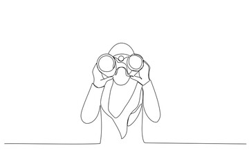 Drawing of young muslim businesswoman using binoculars. Single line art style