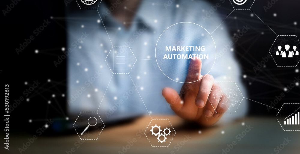 Poster marketing automation and icons on virtual screen.