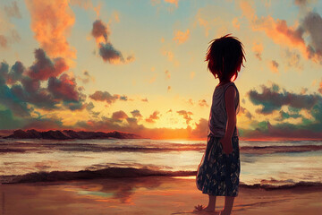 illustration of a child alone on the beach during sunset