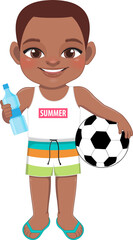 Beach black boy in summer holiday. African American kids holding football and water bottle cartoon character design