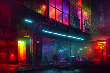illustration of imaginary urban scenery at night with lots of neon lighting