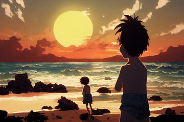 illustration of two children alone on the beach during sunset