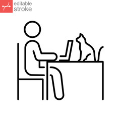 Human figure work on laptop with cat on table. Desainer graphic lifestyle. Freelance working from home office. line pictogram. Editable stroke vector illustration. Design on white background. EPS 10
