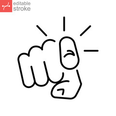 Finger pointing icon. Hand gesture of index finger pointer at viewer. Gesturing towards you. Line pictogram silhouette symbol. Editable stroke vector illustration. Design on white background. EPS 10