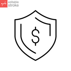 Guarantee financial, protect dollar icon. money insurance with shield. currency wealth badge. savings and investment safety care. Editable stroke vector illustration. Design on white background EPS 10