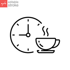 Coffee time icon, tea time. Hot coffee cup and time symbol for take a break or short rest period. Morning breakfast beverage. Editable stroke vector illustration. Design on white background. EPS 10
