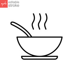 A bowl of soup icon. Steam food plate, hot meal dish with spoon inside for restaurant, cafe in mobile apps and website. Editable stroke vector illustration. Design on white background. EPS 10