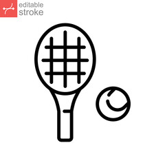 Racket and tennis ball, sport icon. Play Tennis game with racquet. Pictogram line style logo symbol for mobile app and website. editable stroke vector illustration. Design on white background. EPS 10