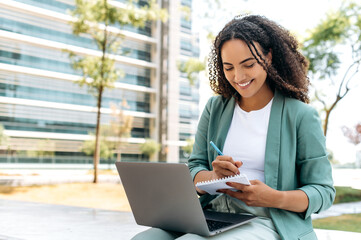 Online webinar. Smart successful brazilian or latino young woman, university student, freelancer,...