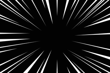 Flash ray blast glow. Vector illustration. Monochrome manga comic effect. White explosive lines on black backdrop