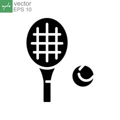 Racket and tennis ball, sport icon. Play Tennis game with racquet. Pictogram solid or glyph style logo symbol for mobile app and website. vector illustration. Design on white background. EPS 10