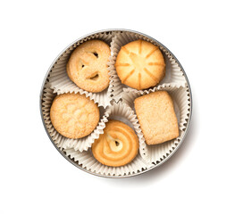 Tasty cookies in tin isolated on white background, top view